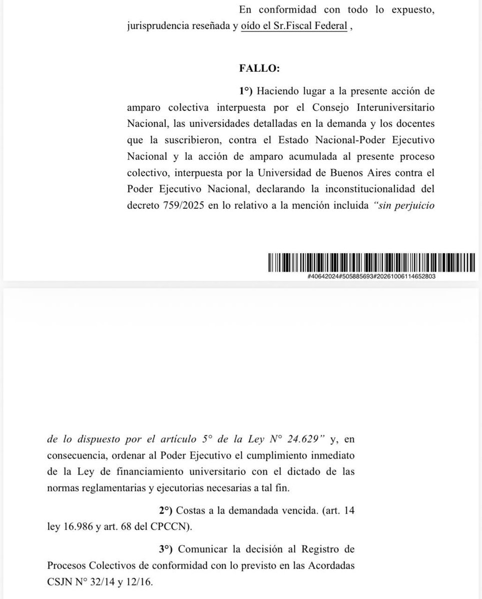 hugoamoyano's tweet photo. Milei tiene que cumplir con la Ley de Financiamiento Universitario.

El juez federal Martín Cormick le dio la razón al Consejo Interuniversitario Nacional y a la UBA, declarando inconstitucional la clausula del decreto con la que el Gobierno había frenado la norma. Según el fallo, esa salvedad funcionó en los hechos como un veto encubierto, pese a que el Congreso ya había insistido con los dos tercios tras el veto presidencial.
Hoy la Justicia le ordenó al PEN poner la Ley en marcha de inmediato: salarios, becas, investigación y partidas presupuestarias para las universidades.

No hay excusas ni margen para seguir demorando. Hay una ley vigente y una sentencia que obliga a cumplirla.