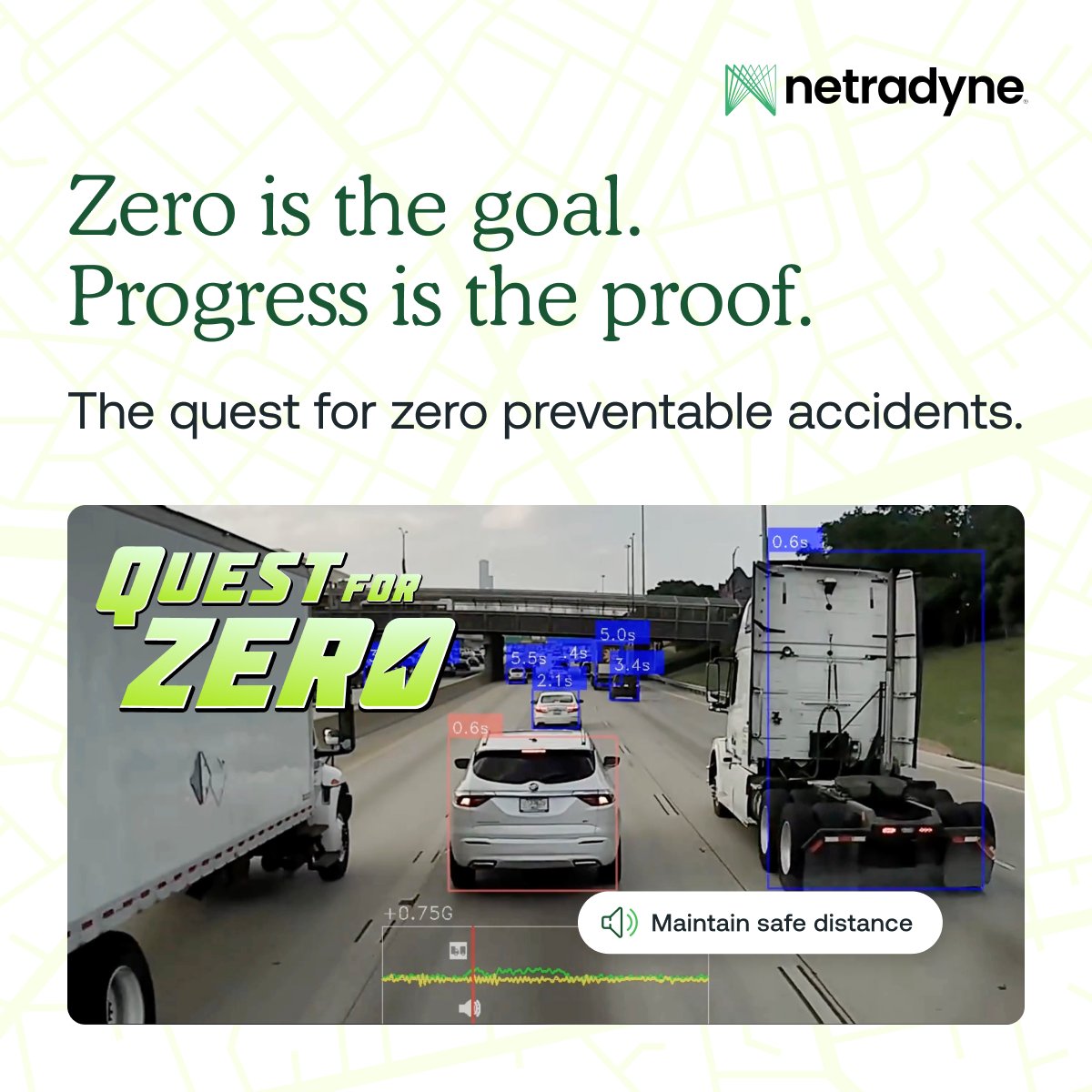 Netradyne's tweet photo. Every accident prevented is progress worth celebrating. And every step forward moves us closer to the goal: zero preventable accidents. Join us on the Quest for Zero. https://t.co/JvtzDJnYIP #QuestForZero #FleetSafety https://t.co/5p4eM92k6K