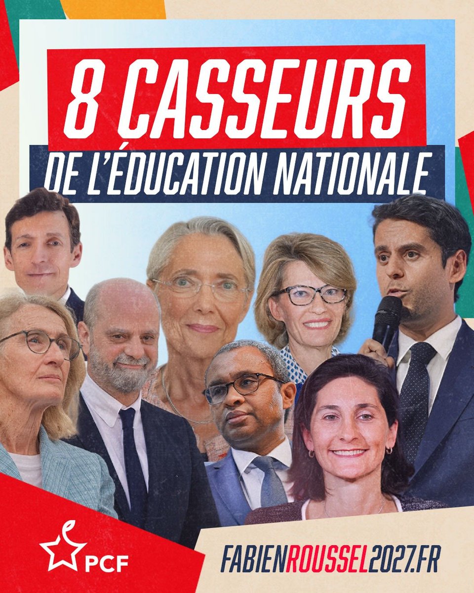 PCF's tweet photo. 📢 Tous ministres, tous coupables !

Dix ans d’Emmanuel Macron, huit ministres de l’Éducation.
Aucune avancée pour les droits des lycéens. Pire : chacun a contribué à dégrader l’Éducation nationale.

🚩 Ils doivent rendre des comptes. https://t.co/zfGmITPnGI