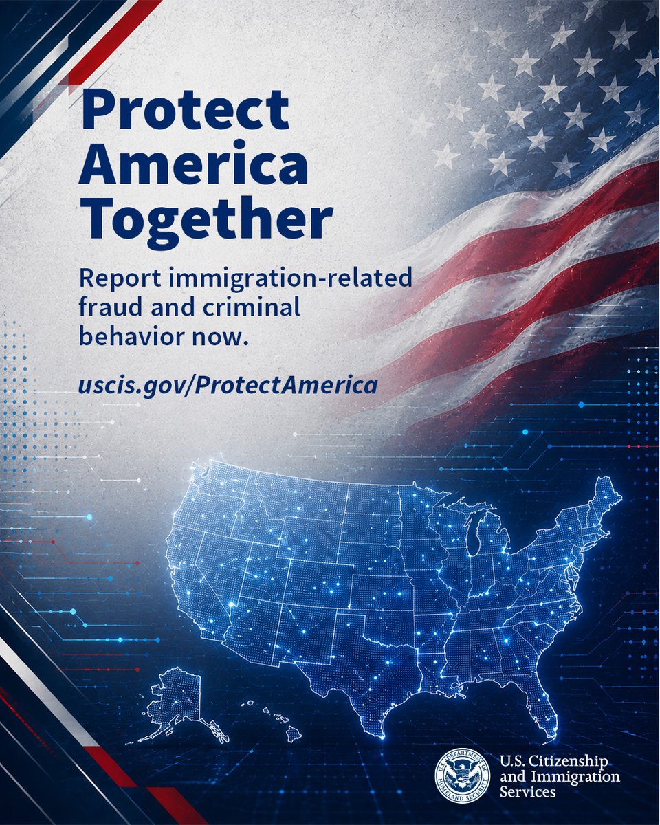 USCIS's tweet photo. Help protect America by reporting suspected immigration-related fraud or abuse, including:
• Document fraud
• Identity fraud
• Marriage fraud
• Visa fraud
• Asylum fraud
• Employment fraud
• False claims of U.S. citizenship

Submit a tip:  https://t.co/M0GrPIvJ4M https://t.co/crMSH63riB