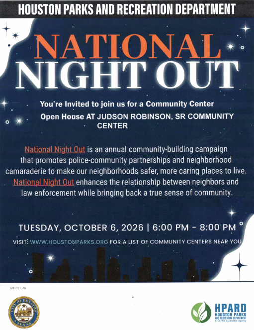 HPARD's tweet photo. It's National Night Out! Come meet your neighbors. Events are happening @ the following parks: Melrose, Bagby, Andover, Cherryhurst, Law (Vasser), Lansdale, Riverside, Garden Villas, Montie Beach, Park Drive, West End, Westwood, Emancipation, &amp; much more. See you there! https://t.co/QIxGzx4Efu
