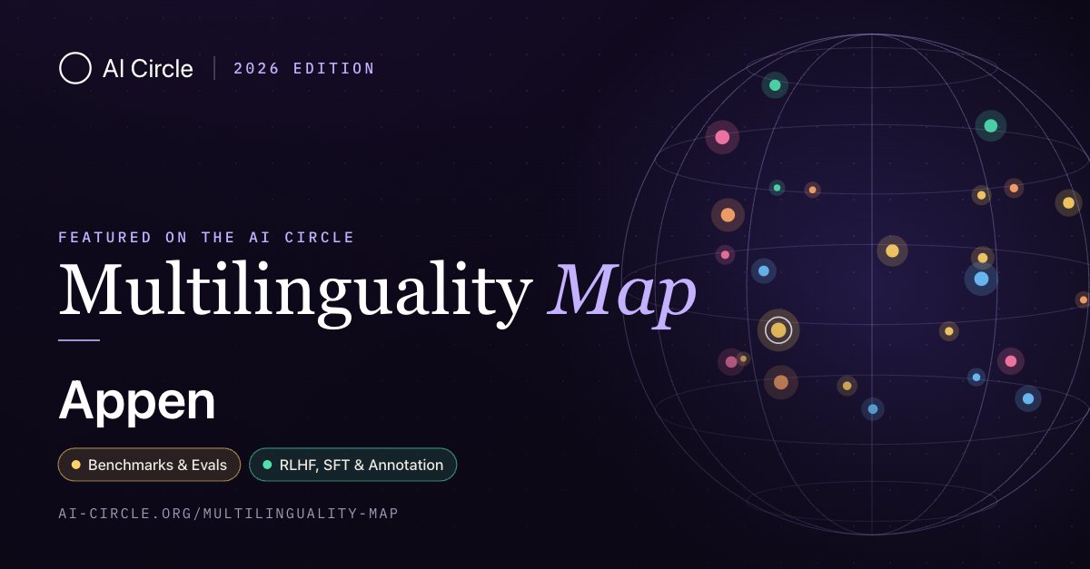 AppenResearch's tweet photo. @AppenResearch is featured on AI Circle @joinaicircle’s Multilinguality Map, highlighting teams working across multilingual data, speech, evaluation and low-resource languages.

As models expand globally, dialects, code-switching and cultural context matter more than ever.

Map: https://t.co/fPcxNaZ1p9