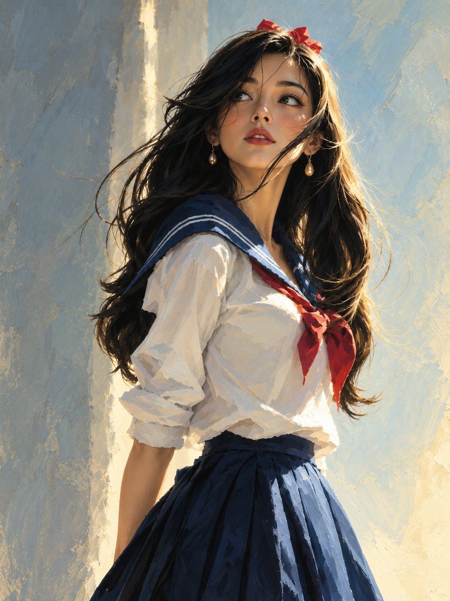 antrospike's tweet photo. The Sailor’s Daydream

___
🎀 Ready-to-use Prompt:-

A beautiful adult woman in an elegant vintage-inspired Japanese sailor-style fashion, cinematic portrait. She has long, flowing glossy black hair moving naturally in a gentle breeze, with a charming red ribbon headband. Delicate feminine facial features, luminous natural skin, soft rosy cheeks, subtle eyeliner, glossy lips, and elegant pearl drop earrings.

She wears a sophisticated white sailor blouse with a deep navy-blue sailor collar featuring crisp white stripes, a large dramatic crimson-red bow at the neckline, slightly puffed long sleeves with gathered cuffs, and a high-waisted flowing navy pleated skirt. The outfit has a timeless nautical academy aesthetic, refined and feminine, with luxurious textured fabric.

She stands gracefully with a slightly turned pose, looking upward and to the side with a dreamy, confident expression. Warm golden sunlight streams from behind her, creating a beautiful rim light around her hair and shoulders. Soft blue textured plaster wall in the background with subtle cream highlights and painterly brush textures.

Romantic summer atmosphere, vintage Japanese fashion editorial, soft cinematic lighting, golden-hour glow, elegant composition, flowing hair, realistic skin texture, detailed fabric folds, painterly photorealism, sophisticated navy, ivory and crimson color palette, dreamy atmosphere, shallow depth of field, high-fashion editorial photography, ultra-detailed, 8K, vertical portrait.

✦ Negative Prompt
low quality, blurry, bad anatomy, distorted face, asymmetrical eyes, extra fingers, malformed hands, extra limbs, duplicate person, distorted clothing, messy hair, plastic skin, harsh lighting, oversaturated colors, flat composition, text, watermark, logo, cropped head, deformed body