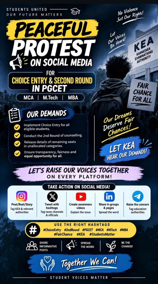 Charliee_007's tweet photo. All PGCET aspirants use this hashtags to tweet anything related to PGCET.
Lets make this issue trend in all social media n take this into bigger level in social media also
#KEA #ChoiceEntry #StudentsMatter #FairChance #2ndRound #Mtech #MBA #MCA #PGCET https://t.co/5edm2l7cZE