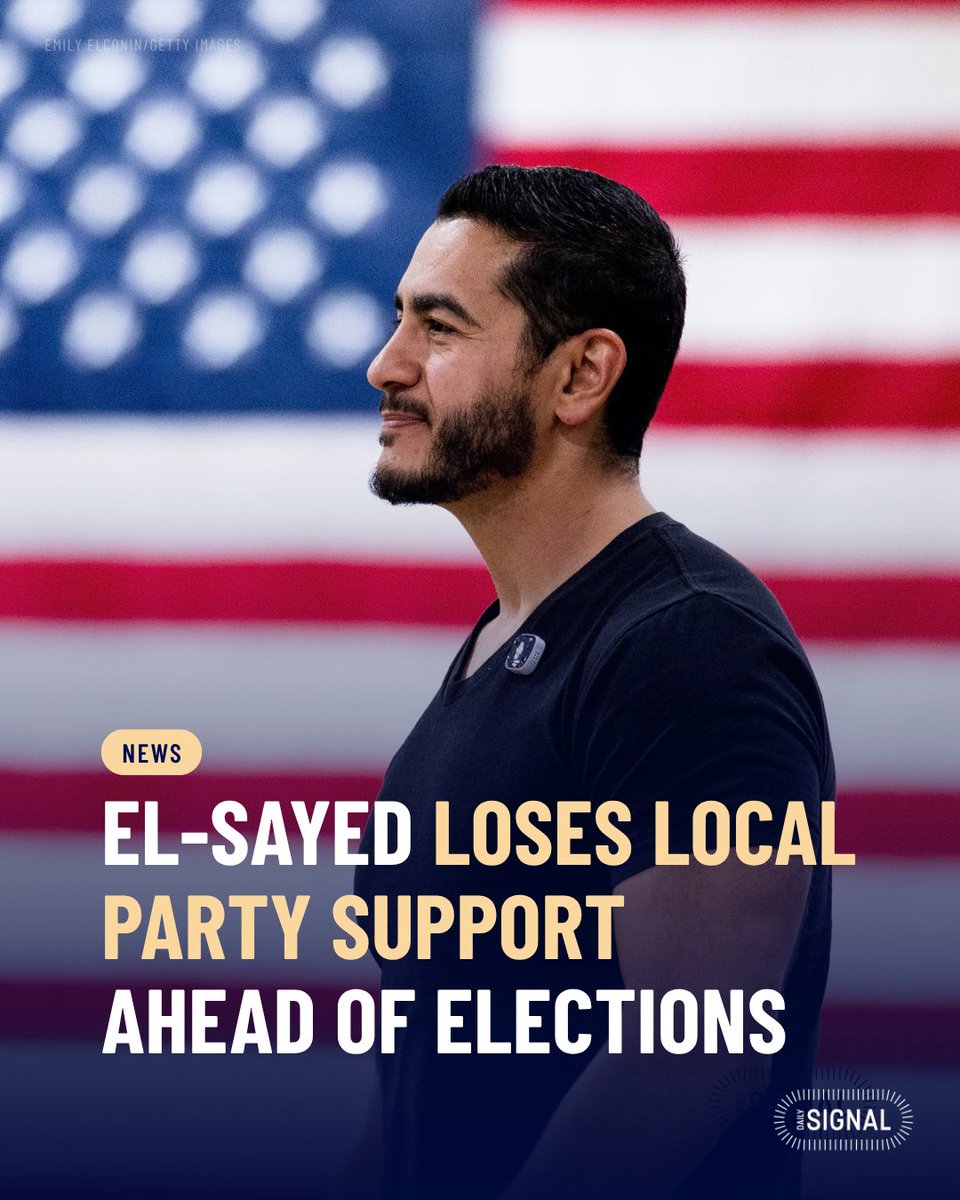 DailySignal's tweet photo. Abdul El-Sayed is losing support from Democrats in his own backyard.

A Democratic sheriff endorsed Republican Mike Rogers, while a Michigan firefighters union pulled its endorsement of El-Sayed. A former member of El-Sayed’s security team also publicly turned against him, citing concerns about his character and political views.

The defections come as El-Sayed faces renewed scrutiny over past comments about defunding the police, writes @pedrobrodrigue7 

https://t.co/SK1DHcvBgi