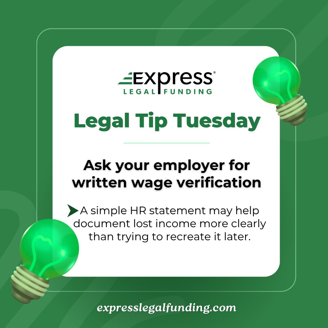 FundingExpress's tweet photo. Legal Tip Tuesday 🚨

Missing work after an injury? 
Clear documentation matters. A written wage verification from your employer can help document lost income in a personal injury claim. 💼📄

👉🏻 For more legal tips, visit https://t.co/Dxm5dUSyiE https://t.co/D0BeDAYIlo