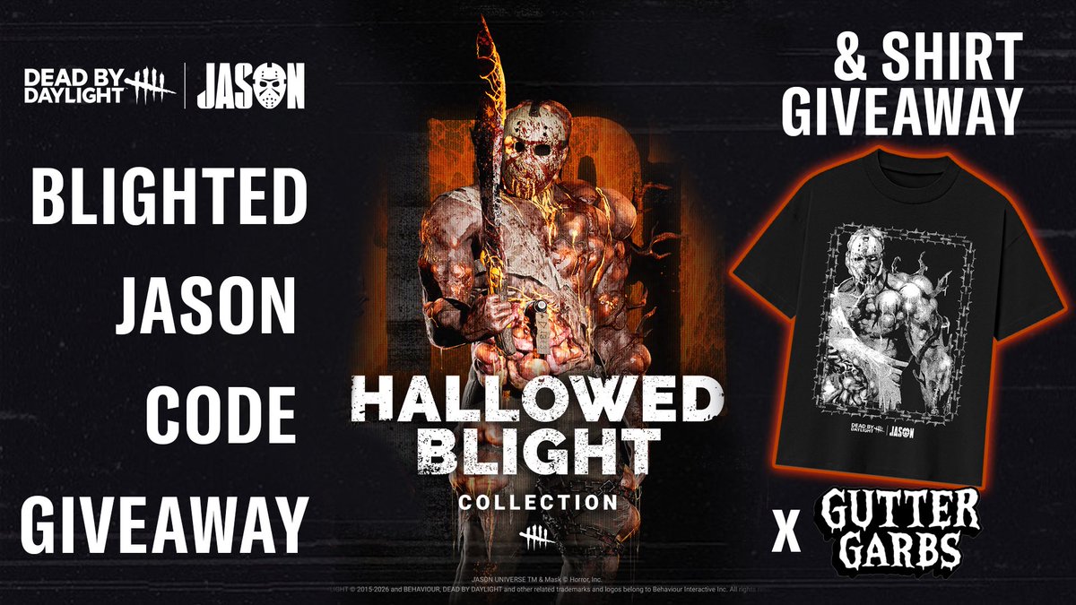 JasonUniverse13's tweet photo. We are teaming up with @DeadbyDaylight to give 13 of you the chance to win a Blighted Jason DBD code and Gutter Garbs Blighted Jason shirt. Hurry - deadline to enter is October 11 at 11:59PM PT! To enter:
1 Repost, like, and tag a friend on this post
2 Sign up for our mailing list 
3 Fill out the entry form: https://t.co/iYoU144Ieo