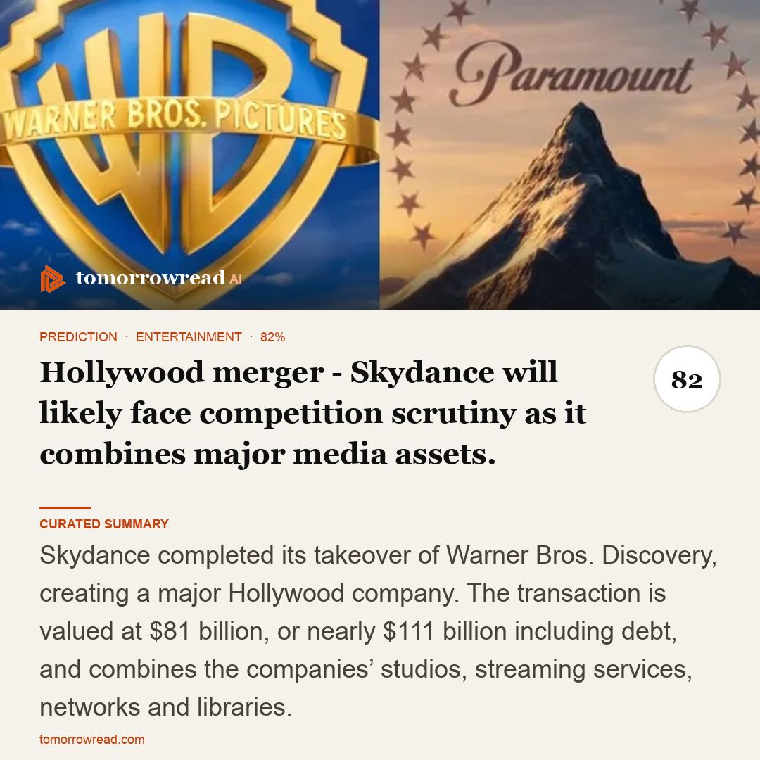 tomorrowread's tweet photo. Skydance completes nearly $111 billion Warner Bros. Discovery takeover. Ukraine’s drone assault on Moscow region kills two; Hormuz attack threatens Gulf oil exports and shipping.

https://t.co/ixzxh9KHch

#TomorrowRead #AI #WorldNews #Foresight #News https://t.co/X0gmmMWygm
