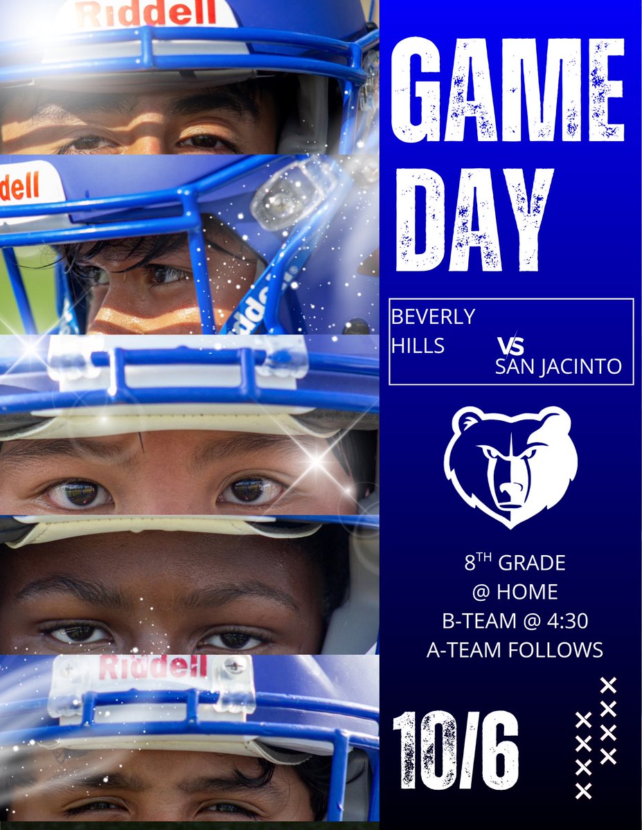 BHIAthletics's tweet photo. It’s 8th Grade #BHIFootball Game Day!
Both 8A and 8B are taking on San Jacinto at home.
Come out and support the #BHIBears! #BHIAthletics https://t.co/CtLNXv43fj