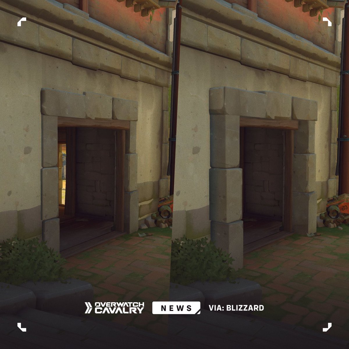 OWCavalry's tweet photo. New Eichenwalde Map Update in #Overwatch 🏰

Blizzard has fixed a pesky old sightline through a door near the first chokepoint.

Torbjörn mains are reportedly in tears. https://t.co/9JDbZa2kIo