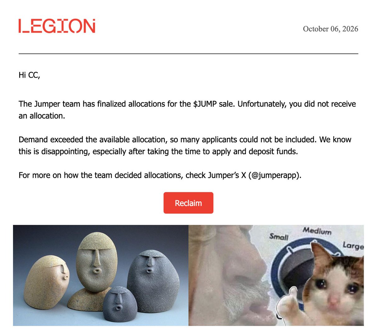 wotwibot's tweet photo. Legion（https://t.co/hjzpclOGBE）已发邮件通知Jumper 打新申请结果，但没有分配额度。网站显示可退 5,000 USDC，不过点击「Reclaim USDC」退款失败。

找了一下合约，其实可以手动退款：打开下面链接 → 连接原投资钱包 → 找到 refund() → 点击 Write → 确认交易。 https://t.co/n7oIzESgxU