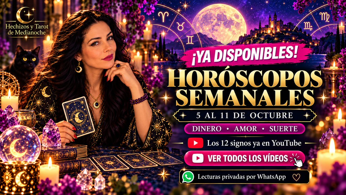 MarisaTarot's tweet photo. Ya están disponibles los horóscopos semanales del 5 al 11 de octubre 🔮

Los 12 signos ya tienen su lectura en YouTube.

▶️ Mira tu signo aquí: https://t.co/dwaM0smGta

#HoroscopoSemanal #hechizosytarotdemedianoche https://t.co/JBIpGXbLK6