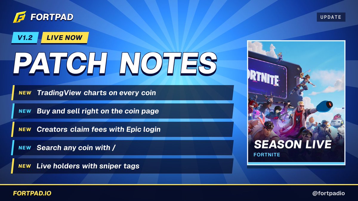 fortpadio's tweet photo. We shipped a bunch of upgrades:

TradingView charts on every coin page, direct buy and sell, Epic Games login for creators to claim fees, instant 
coin search with /, and live holder data with sniper tags.

FortPad is getting closer to becoming the full trading layer for Fortnite map economies.

https://t.co/LUeuAB9Ptf