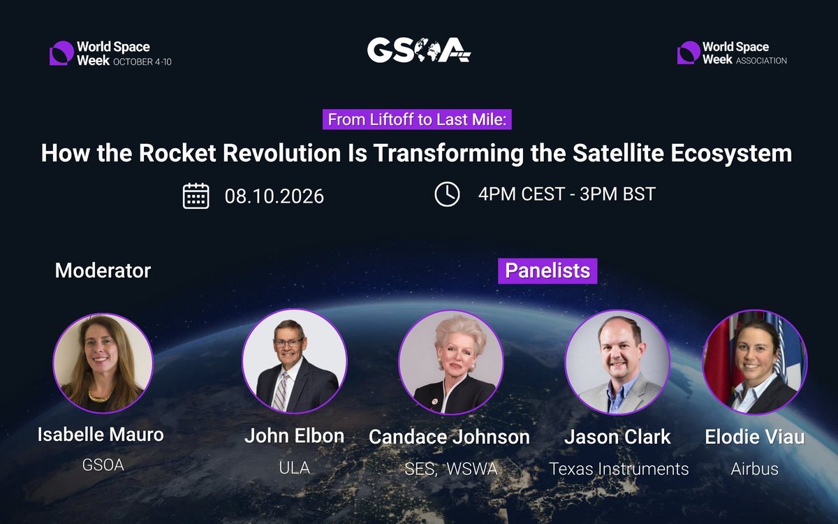 WorldSpaceWeek's tweet photo. 🚀 Join WSWA &amp; GSOA on 8 October to hear industry leaders discuss how the Rocket Revolution is reshaping satellites and global connectivity.

💻 Online, open to everyone.
👉 Reserve your place: https://t.co/1HkBBSDsAU
#WSW2026 #RocketRevolution https://t.co/z3BmUH5NPR