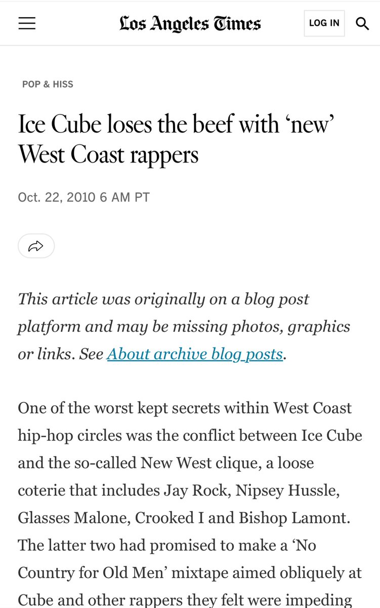 dejonpaul_'s tweet photo. In 2010, Los Angeles Times wrote an article about how Ice Cube was beefing with newer LA rappers like Nipsey Hussle, Glasses Malone, and Jay Rock because they felt he wouldn’t support them. Sixteen years later, nothing has changed! https://t.co/54FH141ocx https://t.co/rmu14E5HzM
