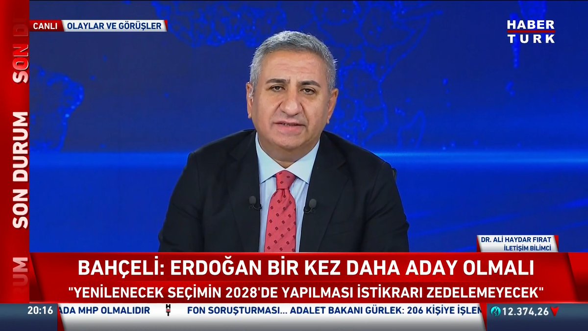 A Haber Turk news broadcast features İletişim Bilimci Dr. Ali Haydar Fırat on the program "Olaylar ve Görüşler," with a lower third headline reading "BAHÇELİ: ERDOĞAN BİR KEZ DAHA ADAY OLMALI" discussing Devlet Bahçeli's statement that Erdogan should run again and addressing whether the decision to renew elections in 2028 would override the istikrar (stability). The ticker also shows "12.374,26" and references the Minister of Justice Gürlek regarding a 206-person investigation.