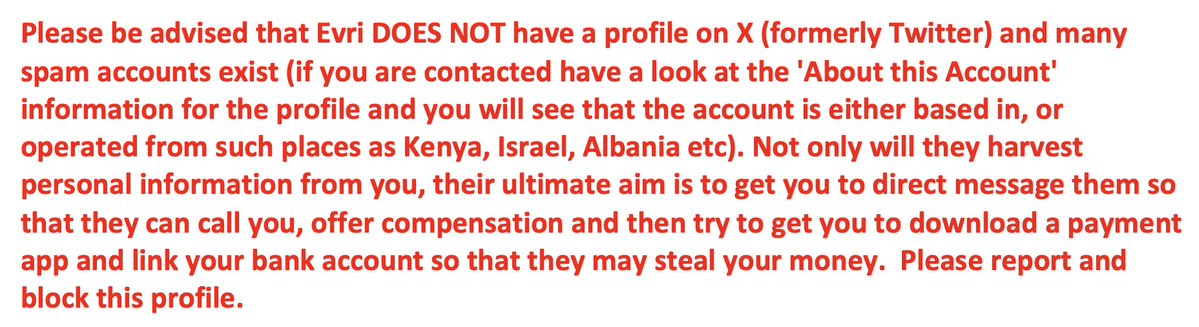 Jackson1Terry's tweet photo. @EctoHusky @EvriUKHelpTeam Hi. You might already be aware, but please be advised that the Evri profile that you have included within your post is a spam profile (see attached).  Sadly, there are many profiles like this plying their thieving trade on X. Best wishes. https://t.co/Zhh3ksyNRv