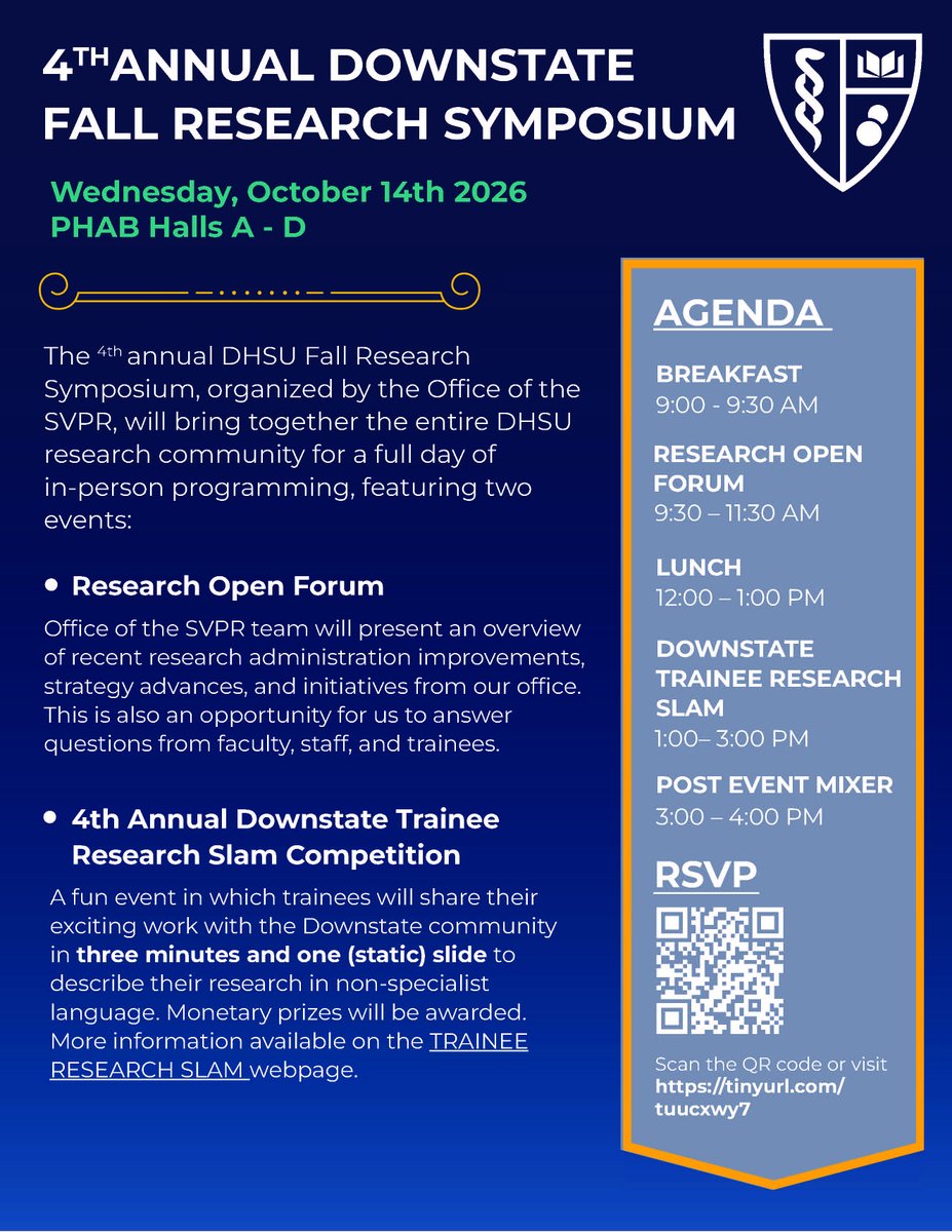 sunydownstate's tweet photo. Join us 10/14 for the 4th Annual Downstate Fall Research Symposium! Connect with our research community for the Research Open Forum, Downstate Trainee Research Slam &amp; more
Register: https://t.co/euU0ieDl44
Trainee Research Slam Webpage: https://t.co/KTtSsc4ZXs
#DownstateResearch https://t.co/LKeaASH7N6
