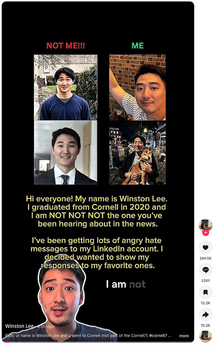 FrannieBlock's tweet photo. Another person has come forward to say they have been misidentified as a member of the "Cornell 7." 

Winston Lee, a 2020 Cornell graduate, said he has been getting "a lot of angry messages" from people who have mistaken him as one of the men named in Jane Doe's civil lawsuit. https://t.co/wMiBJ8x8zV