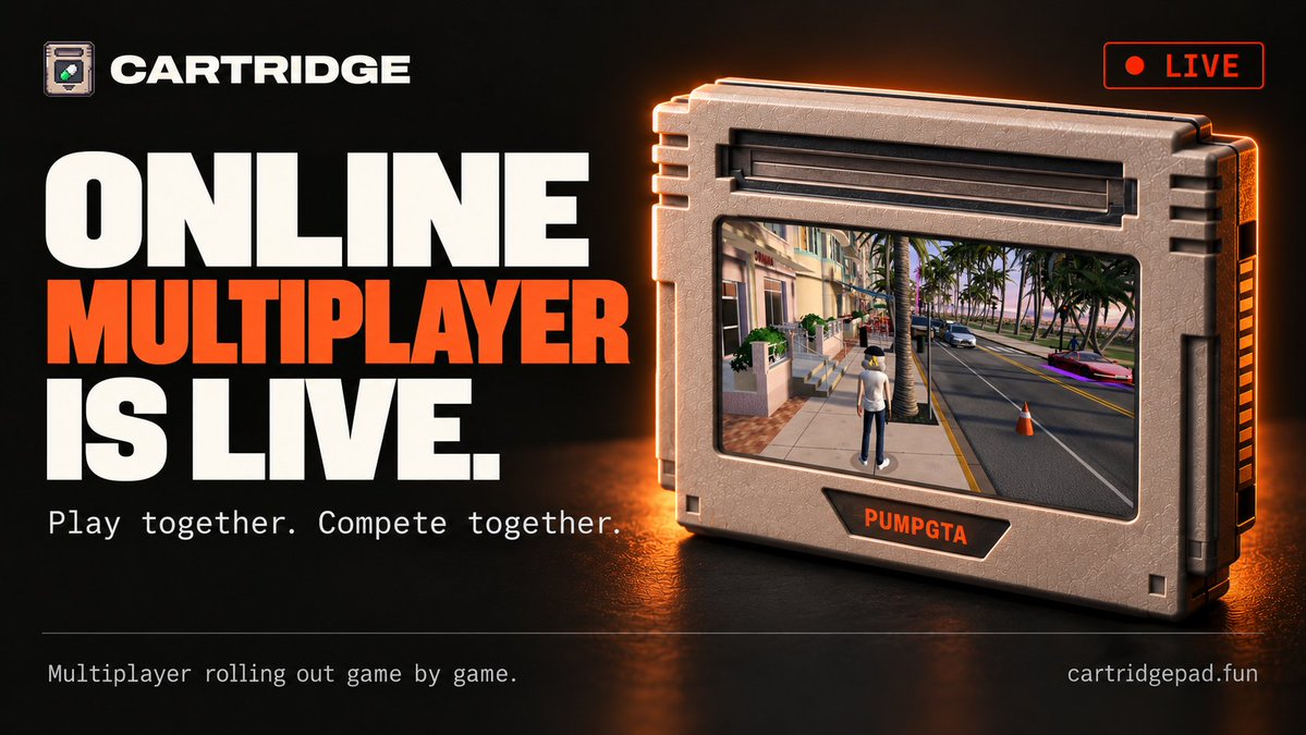 cartridgefun's tweet photo. Cartridge online multiplayer is live.

Now playable online: Pumpfun Kart, Street Fighter, Trench Ball, Agar Io, SNAKE Io, Grand Theft Alon, Duck Race, Pumpfun Fortnite, BOOM and Bubblepump.

Rooms support up to 16 players, with nicknames, live player lists and join/leave announcements. New rooms open automatically as they fill.

More games are progressively going online, with multiplayer added to suitable new games after their first version ships.

Launch your own game too. Bring an idea and let Cartridge’s AI agents build, test and improve it.

Play together. Create. Compete.
https://t.co/hZvNGIbYbH