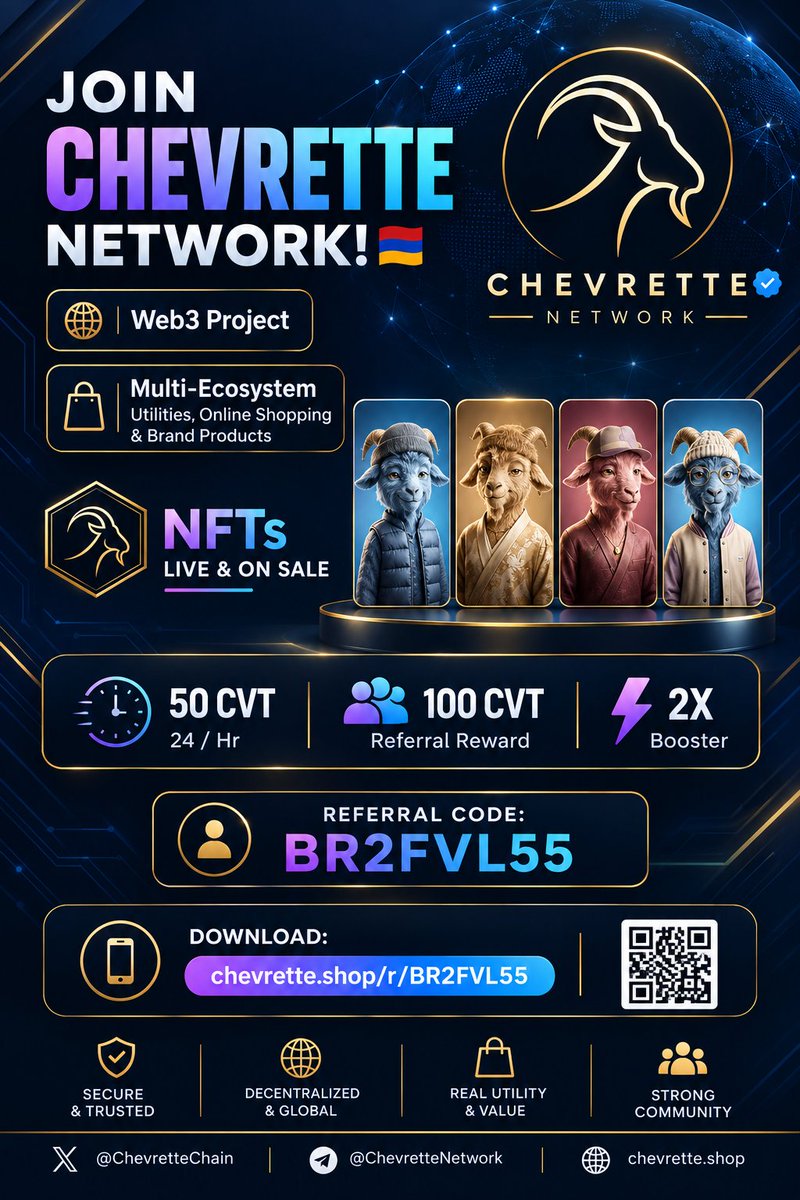 Earl011289's tweet photo. 🚀 JOIN CHEVRETTE NETWORK! 🇦🇲
Web3 Project

🌐 Multi-Ecosystem — Utilities, Online Shopping &amp; Brand Products

🐐 NFTs — Live &amp; On Sale

🎯 50 CVT — 24/Hr
🎁 100 CVT — Referral Reward
⚡ 2X Booster

👥 Referral Code: BR2FVL55

📲 Download: 👇
https://t.co/hZ9xGvsXGn

VERIFIED ✅ https://t.co/sfywXXgsc9