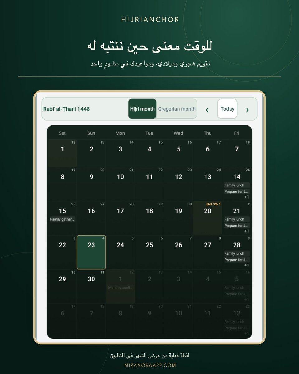 MizanoraApps's tweet photo. من سورة العصر (١–٣):
﴿وَٱلْعَصْرِ ۝ إِنَّ ٱلْإِنسَـٰنَ لَفِى خُسْرٍ ۝ إِلَّا ٱلَّذِينَ ءَامَنُوا۟ وَعَمِلُوا۟ ٱلصَّـٰلِحَـٰتِ وَتَوَاصَوْا۟ بِٱلْحَقِّ وَتَوَاصَوْا۟ بِٱلصَّبْرِ﴾

تأمل، لا تفسير:
قد تمتلئ أيامنا بالمواعيد ومع ذلك يغيب الأهم. تذكّر التاريخ ليس غاية بحد ذاته؛ الغاية أن نترك فيه مكانًا لعمل نافع، ولمن نحب، وللوعد الذي نريد الوفاء به. التقويم لا يضيف ساعة إلى اليوم، لكنه يساعدنا على رؤية ما اخترنا أن نهتمّ به.

لقطة فعلية من عرض الشهر في HijriAnchor.
الموقع: https://t.co/gCT6t1wzCm
Google Play: https://t.co/jz2OlsYlv2
#التقويم_الهجري #MizanOra