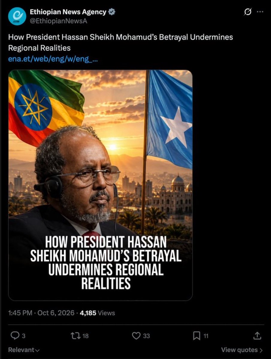 EIshmael_'s tweet photo. “ Ethiopia our brothers “~  Failed President Hassan Sheikh.

Now their own state news agency is publicly humiliating him. This is what happens when a country has no real leadership only failure, confusion, and incompetence at the top. https://t.co/gPUAuWRhh5
