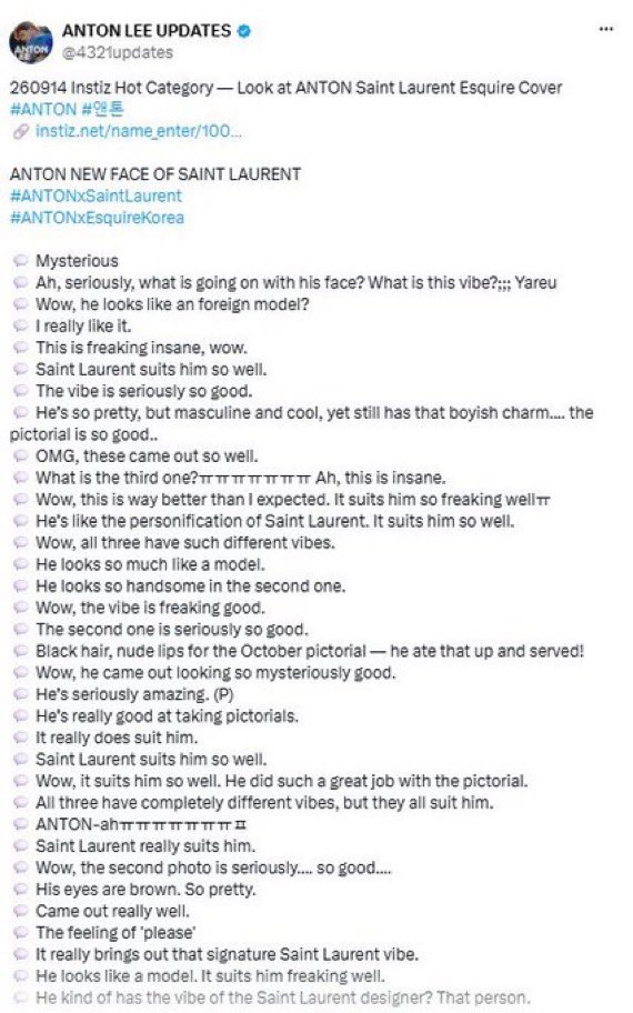 leeantonfan's tweet photo. anton has been receiving praise for his partnership with YSL ever since his esquire interview, and since then, the recognition from the media, online spaces, and forums has only grown. It’s no wonder he’s been called a muse and the face of saint laurent. he didn’t just carve out his place within the brand — he became YSL’s youngest ambassador and the youngest idol to ever receive this title from a luxury fashion house