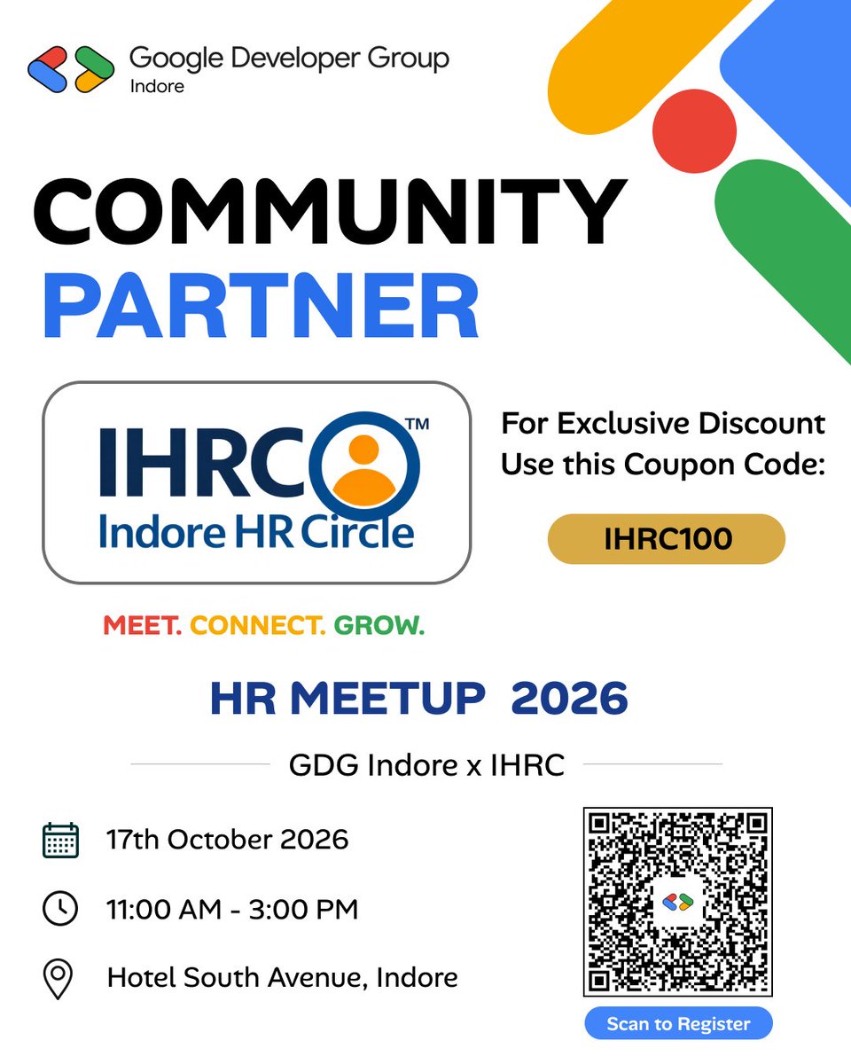 GDG_Indore's tweet photo. 🤝 The HR community is coming together!

IHRC Indore HR Circle joins HR Meetup 2026 by GDG Indore as our Community Partner. 🚀

🎟️ Use IHRC100 for an exclusive discount.

📅 17 Oct 
📍 Hotel South Avenue, Indore

#GDGIndore #HRMeetup #IHRC #devfest2026indore #gdgindia https://t.co/ns4aGjV57f
