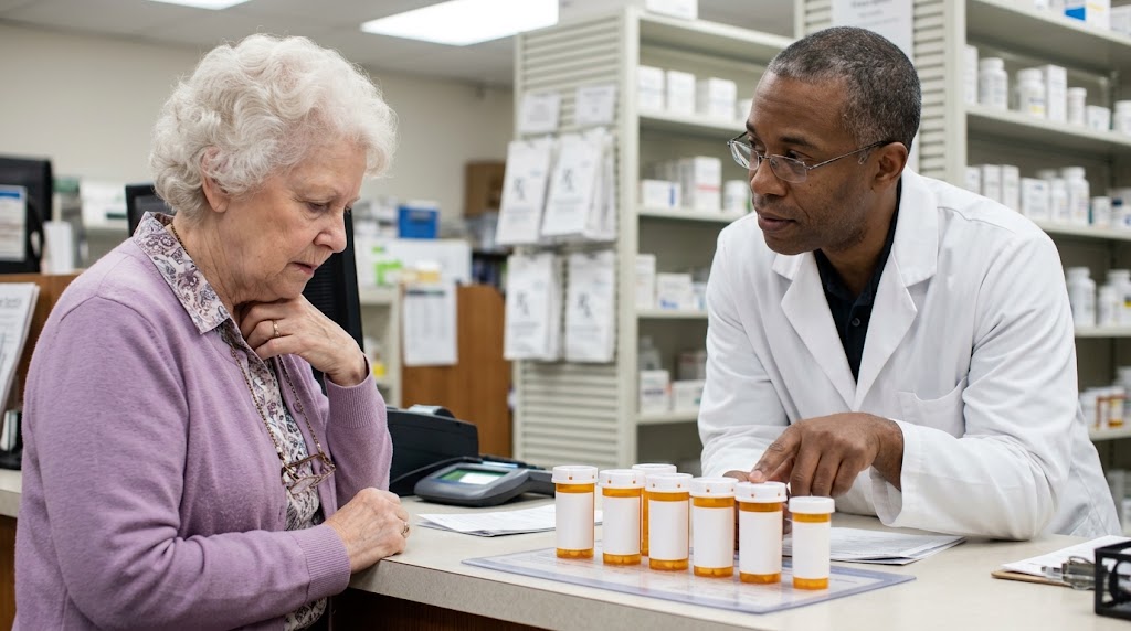 SamaHoole's tweet photo. Customer: "Could you remind me what they're all for? I've lost track."

Pharmacist: "Sure. This one's your blood pressure."

Customer: "That I knew."

Pharmacist: "This one's a water pill. For the swollen ankles."

Customer: "Why are my ankles swollen?"

Pharmacist: "That'd be the blood pressure pill."

Customer: "Oh. And this?"

Pharmacist: "For gout."

Customer: "I never used to have gout."

Pharmacist: "The water pill can bring it on."

Customer: "The white one?"

Pharmacist: "Cholesterol."

Customer: "And the one next to it?"

Pharmacist: "For the muscle aches."

Customer: "From?"

Pharmacist: "The cholesterol one, most likely. And this last one protects your stomach from the one for the aches."

Customer: "So how many of the seven are for something that was wrong with me?"

Pharmacist: [counts] "Two."

Customer: "And the other five?"

Pharmacist: "Those are for the two."