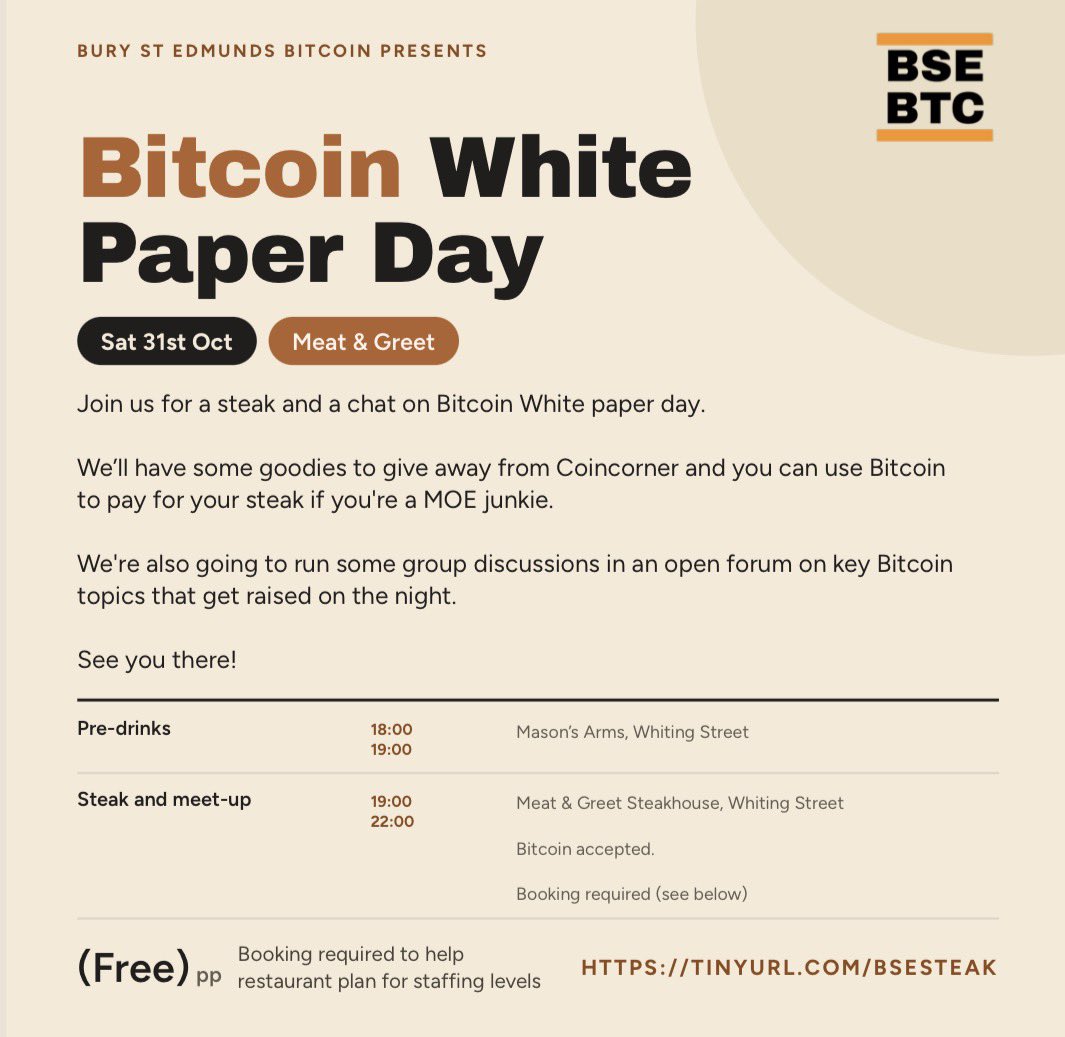 BSEBTC's tweet photo. Join us for a steak on White Paper Day.

⚡️bitcoin accepted 🥩

You’ll need to book your table with the steakhouse:

https://t.co/CBfPYDCDvh

To be sat with the group, in the booking ‘comments’ add: 

Bitcoin table https://t.co/eeal9pMJAv