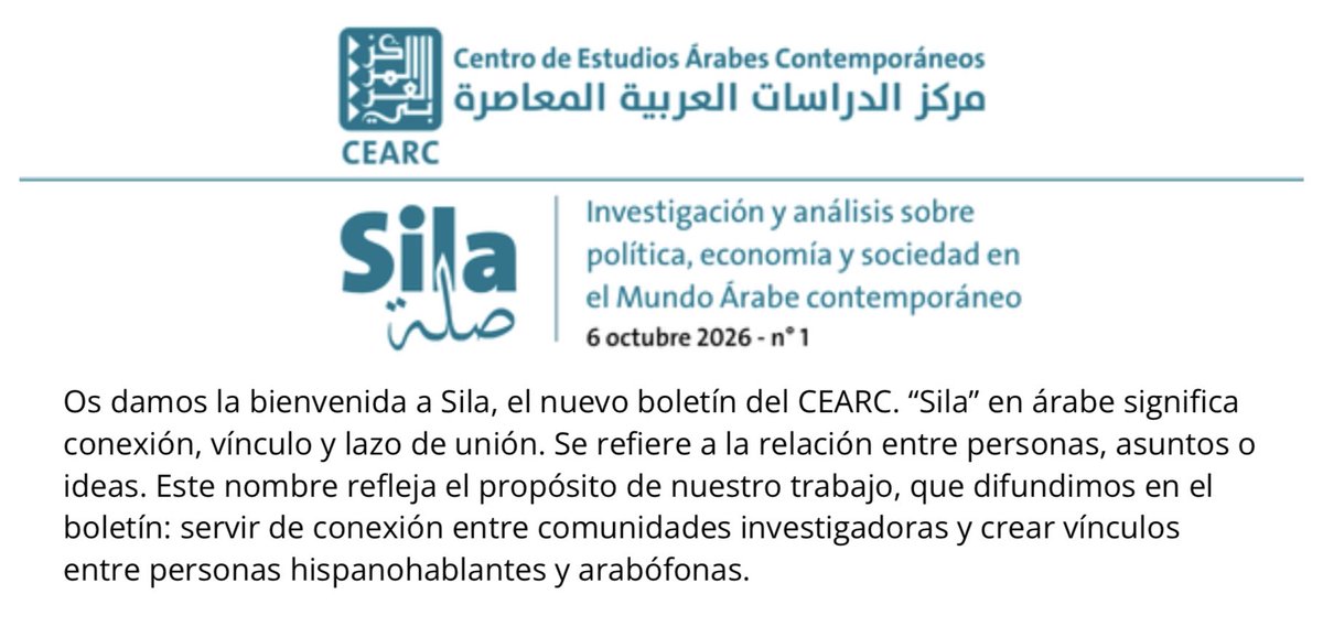 HaizamAmirah's tweet photo. 📩 ¡Estrenamos el boletín Sila del #CEARC!
“Sila” en árabe significa conexión, vínculo y lazo de unión, y refleja el propósito de nuestro trabajo.
Aquí el nº 1 del nuevo boletín: https://t.co/6vAOeQee3c
Suscríbete en: https://t.co/YiFgiUitRj