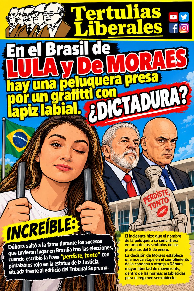 TertuliasLiber1's tweet photo. 🚨🇧🇷 l ¿DICTADURA? 

En el Brasil de #LULA y Alexandre de Moraes hay una peluquera presa por un grafitti con lapiz labial.

Débora Rodrigues dos Santos, conocida como “ Débora do Batom ”.

Débora saltó a la fama durante los sucesos que tuvieron lugar en Brasilia tras las elecciones, cuando escribió la frase "perdiste, tonto" con pintalabios rojo en la estatua de la Justicia, situada frente al edificio del Tribunal Supremo. 

El incidente hizo que el nombre de la peluquera se convirtiera en uno de los símbolos de las protestas del 8 de enero. 

La decisión de Moraes establece una nueva etapa en el cumplimiento de la condena y otorga a Débora mayor libertad de movimiento, dentro de las normas establecidas para el régimen semiabierto.
