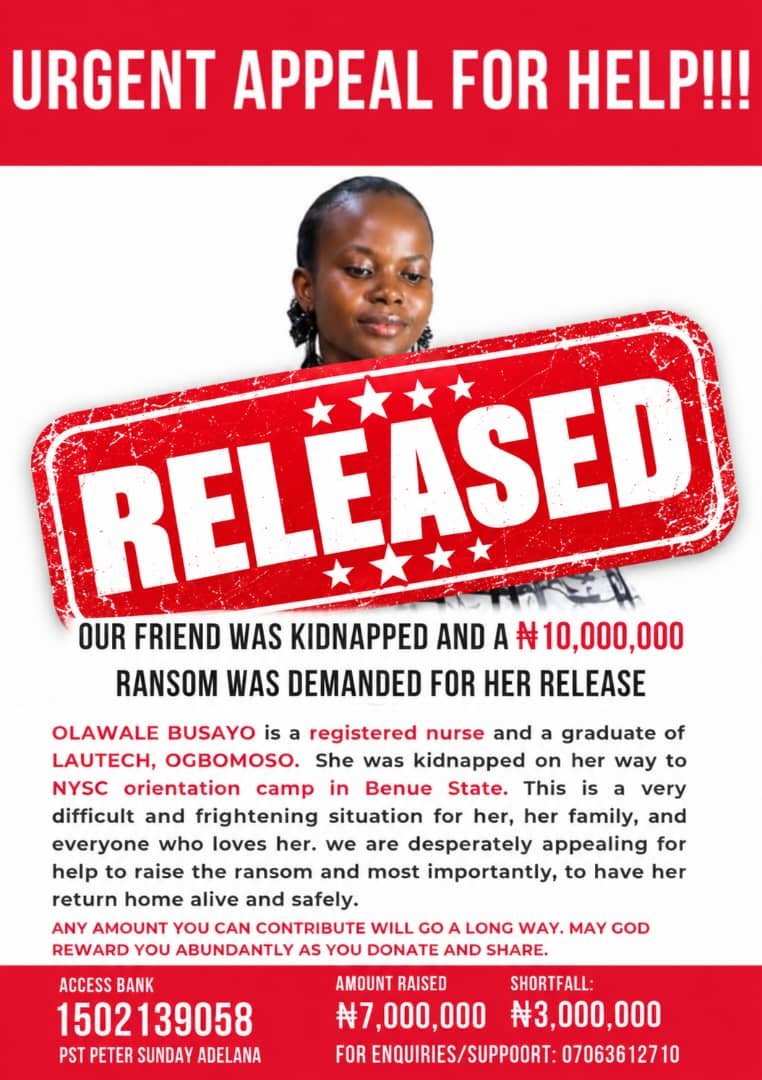 dagbananurse's tweet photo. Alhamdullilah 🙏.  Busayo has been released and now back home with her family. 

To everyone who donated, prayed and reposted. Thank you so much. 

Busayo is back home! https://t.co/TS7ieBapoO