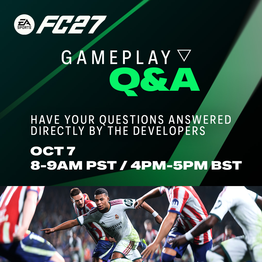 EASFCDirect's tweet photo. We're continuing the conversation around our Gameplay Developer Launch Update with a dedicated Developer Q&amp;A.

The gameplay team will be answering your questions directly in the official @EASPORTSFC Discord.

Drop your questions here: https://t.co/Uwuznj9t4g https://t.co/L7hiWyNo2l
