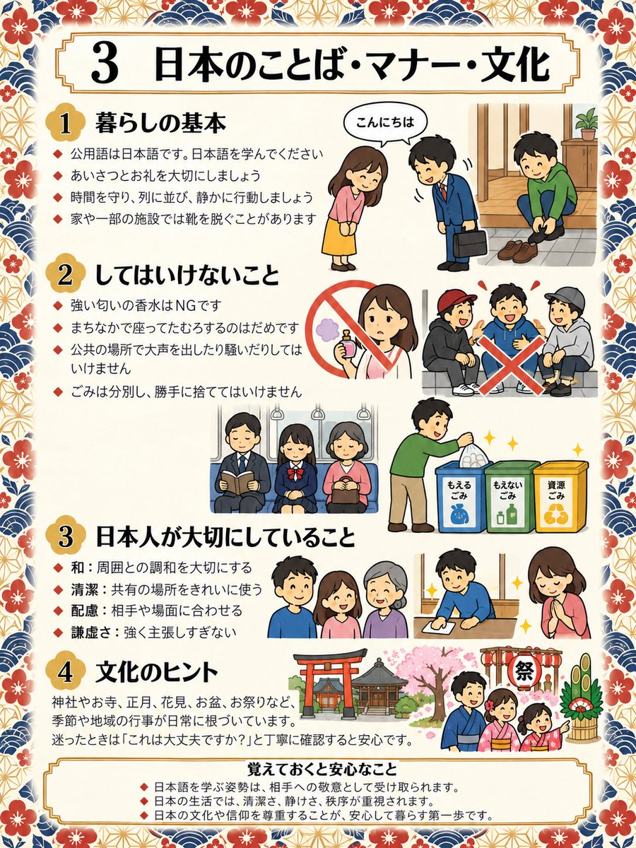 nin_9100's tweet photo. 日本に来る外国人に分かってほしいこと。
AI作成で、著作権なしとのことなので自由に配布してください！ https://t.co/5zar3B5762