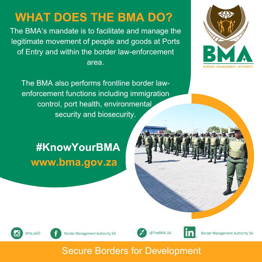 TheBMA_SA's tweet photo. #KNOWYOURBMA
Recent public comments following the Constitutional Court’s judgment on aspects of the asylum system has raised questions about the role of the BMA.
It is important to understand that the BMA continues to manage the legitimate movement of people and goods at Ports of Entry, while performing frontline border law-enforcement and specialised border-management functions.
These include immigration control, port health, environmental security and biosecurity, among other functions that contribute to the protection and security of South Africa’s borders.
The BMA’s mandate remains to secure South Africa’s borders and ensure that the movement of people and goods is managed in accordance with applicable laws.
The asylum-system judgment does not mean that South Africa is “free for all”. The BMA continues to execute its mandate in accordance with the law.
#SecureBordersForDevelopment