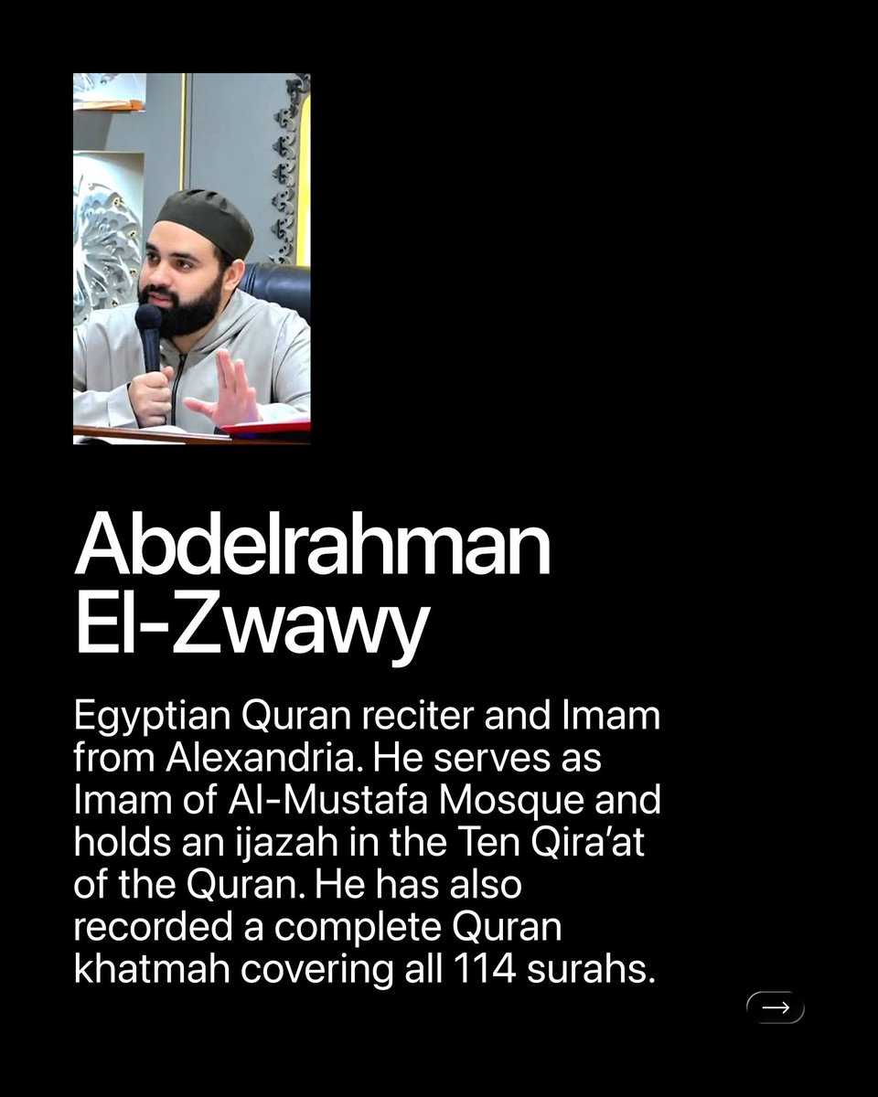quranifyapp's tweet photo. Abdelrahman El-Zwawy🇪🇬

Is an Egyptian Quran reciter and Imam from Alexandria. He serves as Imam of Al-Mustafa Mosque in the Ibrahimia district of Alexandria and holds an ijazah in the Ten Qira’at of the Quran.

His recitations reflect his knowledge of the recognized Qira’at, and he has shared Quran recordings in different modes of recitation. Alongside his work as an Imam, he regularly leads prayers and shares Quran recitations through his official digital platforms.

A complete Quran khatmah recorded from his Ramadan prayers is also available, covering all 114 surahs. Today, Abdelrahman El-Zwawy continues to share his Quran recitations with listeners through digital platforms.
