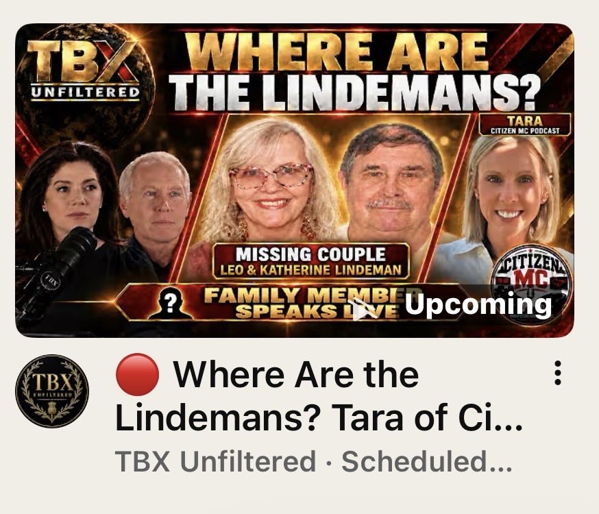 LibbiXReports's tweet photo. 🚨TONIGHT: #Missing #Lindeman Exclusive with TBXUnfiltered‼️Jen & Glen speak with a member of the #Lindeman family and Tara from Citizen MC on Facebook, a local who has been doing a lot of amazing coverage on the #Lindemans 

7PM CT/8PM EST

🔔Turn Notifications on Click the Link Below ⤵️

https://t.co/bYa4bKg0Ux