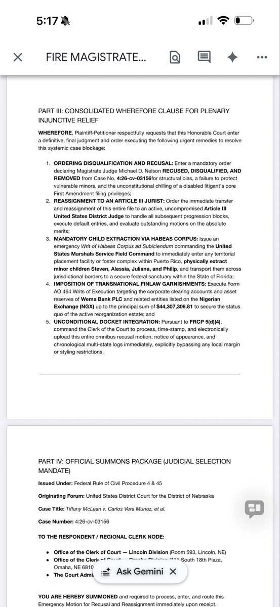 JacobSmithvuuq's tweet photo. The documents contain Tiffany McLeanâ€™s legal filings, including an emergency omnibus motion demanding the recusal of Magistrate Judge Michael D. Nelson and District Judge Susan M. Bazis. The sources cover allegations of judicial non-feasance, child endangerment, and systemic filing blockades across 38 dockets, while seeking asset attachments, emergency child extraction, and enforcement of a bankruptcy stay in Case No. 26-40599.

@POTUS46Archive @POTUS FYI BIDEN THAT JUDGE YOU PUT IN NEBRASKA IS IN PROSECUTING MINOR CHILD HUMAN TRAFFICKING AND HASN’T GIVEN A HEARING OR A JURY AND DENIED A REQUEST FOR MEDIATION AFTER OVER 40 FILINGS ON THE DOCKET AND APPROXIMATELY NINE MONTHS OF LITIGATION WITH ZERO RESPONSE FROM ANY OF THE DEFENDANTS AND A UNCONSTITUTIONAL FIRST AMENDMENT CENSORSHIP OF DOCKETS THAT WERE FILED NAMING SOCIAL WORKERS AND LAWYERS AND JUDGES THAT ARE ACTIVELY USING EMBEZZLEMENT OF FOSTER CARE, FAMILY COURT TO KIDNAP CHILDREN

THE DEMAND TO REMOVE FEDERAL JUDGES THAT WERE APPOINTED ALLEGEDLY FOR LIFE UNDER ARTICLE 3, AND ALL THE FEDERAL COURTS AS THEY HAVE BEEN PACKED AND ARE ACTING WITH FRAUD, ILLEGAL, ILLEGALITY, MISCONDUCT, AND FURTHERING HUMAN TRAFFICKING, AND ARE SEEKING TO RETALIATE WITH VENGEANCE THEIR OPPONENTS WITH ALLEGATIONS OF DRUG TRAFFICKING WHEN THEY HAVE BEEN GUILTY OF THEMSELVES OF HUMAN TRAFFICKING STATISTICALLY, RELEVANT 100% DENIAL OF FEDERAL IMPRISONMENT APPEALS, AND 100% DENIAL OF SOCIAL SECURITY DISABILITY CLAIMS THAT YOU WILL BE IN A CAGE AND NOT GET ANY MONEY @FBIDirectorKash @SamCoatesSky @CIADirector @BillyM2k @EUCouncil @elonmusk @EricLDaugh UNPACK THE FEDERAL COURTS ARTICLE 3 JUDGES THEY ARE AIDING IN ABETTING HUMAN TRAFFICKING BAZIZ AND NELSON 4:26 cv 3156 Nebraska federal court @UN @IndiaToday @PMOIndia @rashtrapatibhvn @IrelandFootball THE MORE WE FILE AND DOCUMENTS OF OUR CURRENT GOVERNMENT, STEALING KIDS AND MONEY THE MORE WE DOCUMENT THE TYRANNY AND CORRUPTION AND CREATE THE EVIDENCE NEEDED FOR INTERNATIONAL AND DOMESTIC WAR TRIBUNAL TO REMOVE MURDERERS AND KIDNAPPERS OF INNOCENT CHILDREN @ChinaDaily @Nigel_Farage @PoliceNG @marklevinshow @IvankaTrump WHEN DOES A BULLY STOP ABUSING YOU? TYPICALLY WHEN YOU’RE DEAD. BUT WHAT HAPPENS IF YOU ARE A LIVING MARTYR AND A DEAD MARTYR.  This is the pathway to freedom. @cnnbrk @mlkhattar @AdliWanKenobi @MAGAPowerhouse @IDF @Israel @ScottPresler @MELANIATRUMP @Mel_Gibson04 @Jack77735450 

https://t.co/aZkDs4T5xI