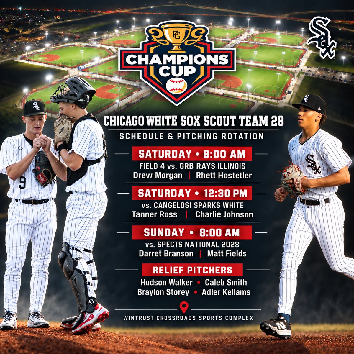 ChicagoWSScout's tweet photo. Schedule and Pitching rotation for both of the Chicago White Sox Scout Teams in the PG Midwest Champions Cup in New Lenox this weekend! https://t.co/Qn02oZXfKf