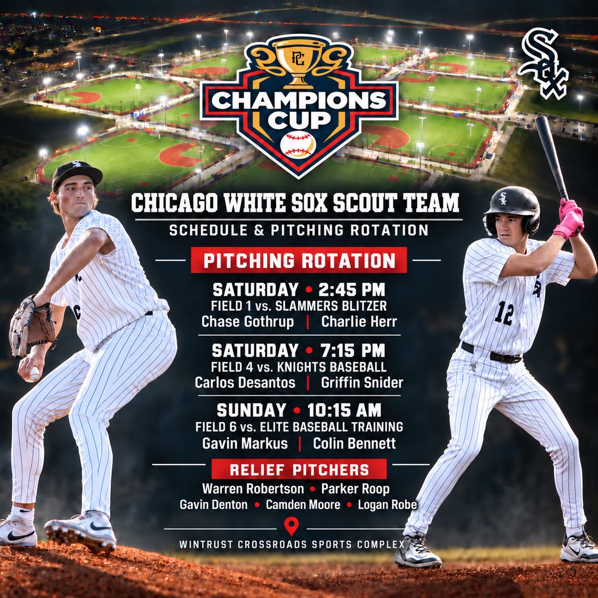 ChicagoWSScout's tweet photo. Schedule and Pitching rotation for both of the Chicago White Sox Scout Teams in the PG Midwest Champions Cup in New Lenox this weekend! https://t.co/Qn02oZXfKf