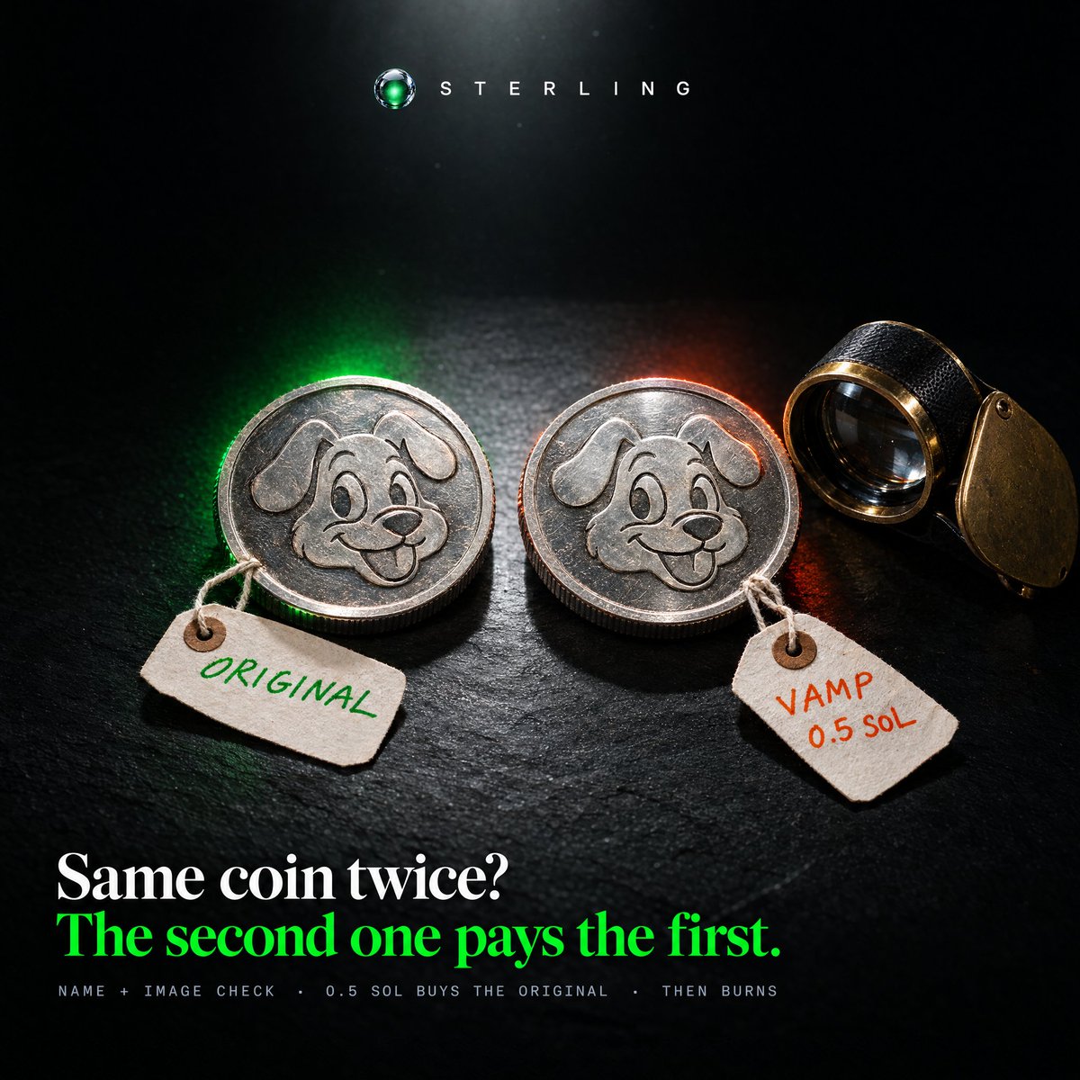 sterlingpadfun's tweet photo. How anti-vamp works on Sterling:

1. Every launch is checked against every coin on the pad: name, ticker and image.
2. Match? It's a vamp.
3. The vamp's launch buys 0.5 SOL of the original and burns it, in the same transaction.

No burn, no launch. Every vamp is a buy for the OG. https://t.co/JSi8guYicm