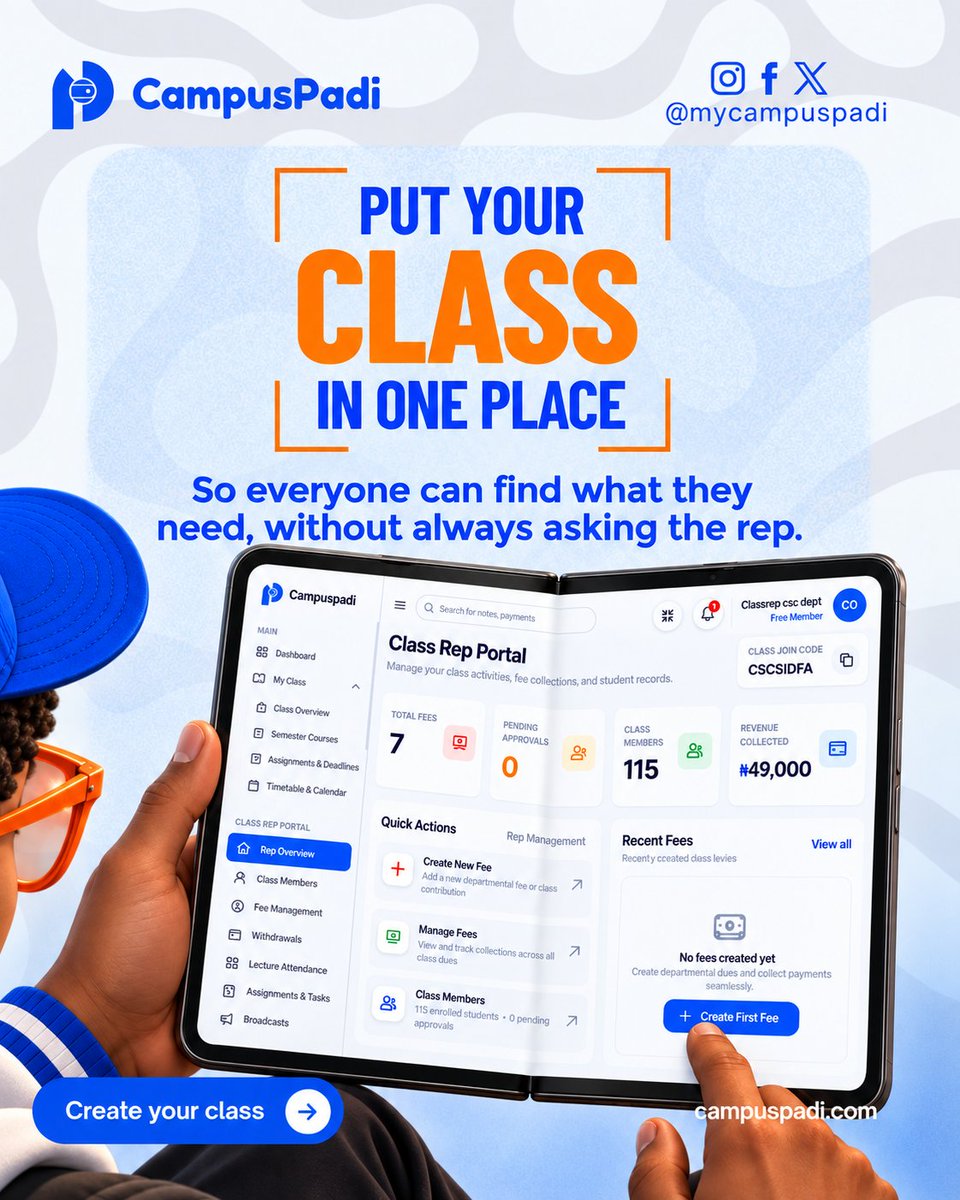 mycampuspadi's tweet photo. Being a class rep shouldn't feel like having 50 jobs at once. 😭
Timetables. Assignments. Dues. Attendance. Announcements. Questions.
And somehow, everyone still comes to you for everything.
Put your class in one place with CampusPadi. 💙
Create your class today. https://t.co/E9D3onQRRh