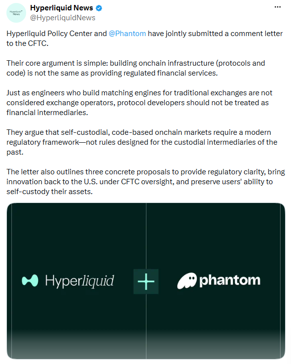 HyperliquidNews's tweet photo. 🚨@CFTC just accepted a key ask from @HyperliquidPC and @phantom: public blockchains can now be used as official records. https://t.co/du0bU5l0fn