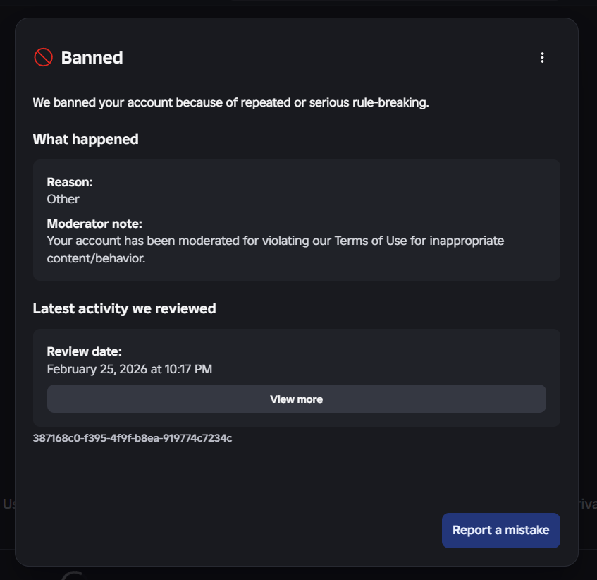 Klrn2610's tweet photo. @Oppressed_II Hey, but about 90% of people who have been banned for this alleged 'harmful/inappropriate content' were innocent. Are you going to do anything? Are you proud of that? This includes my account Klrn2610. https://t.co/XY9cN3CQp3