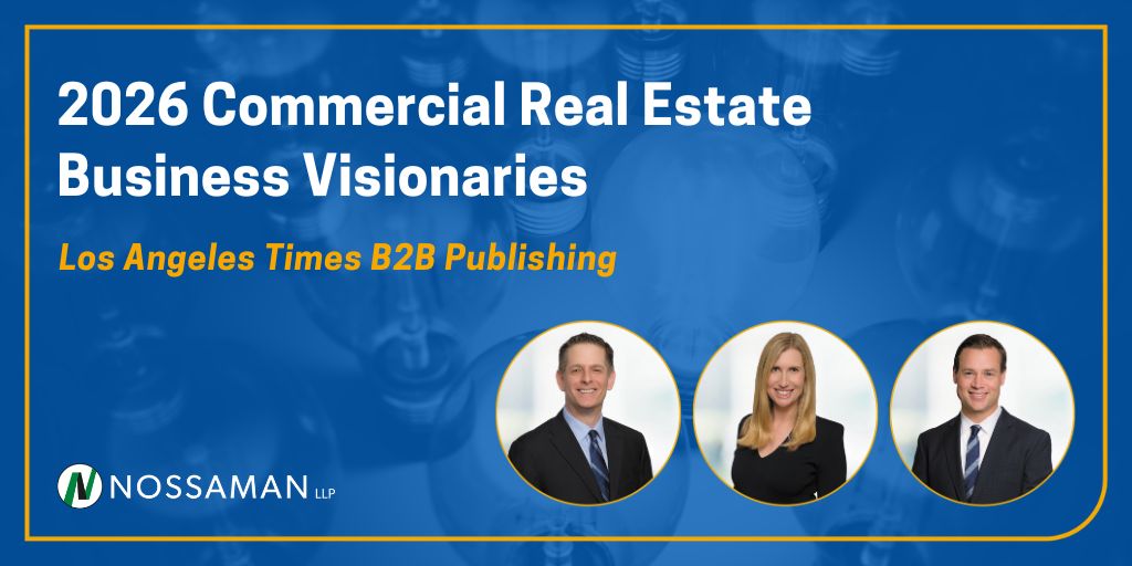 NossamanLaw's tweet photo. Nossaman’s Corey Boock, Liz Cousins and Brad Kuhn have been named 2026 Commercial Real Estate Business Visionaries by Los Angeles Times B2B Publishing. Congratulations on this well-deserved honor! https://t.co/KgEaJ76Ts8 #Infrastructure #EminentDomain https://t.co/odKlWNDtLr