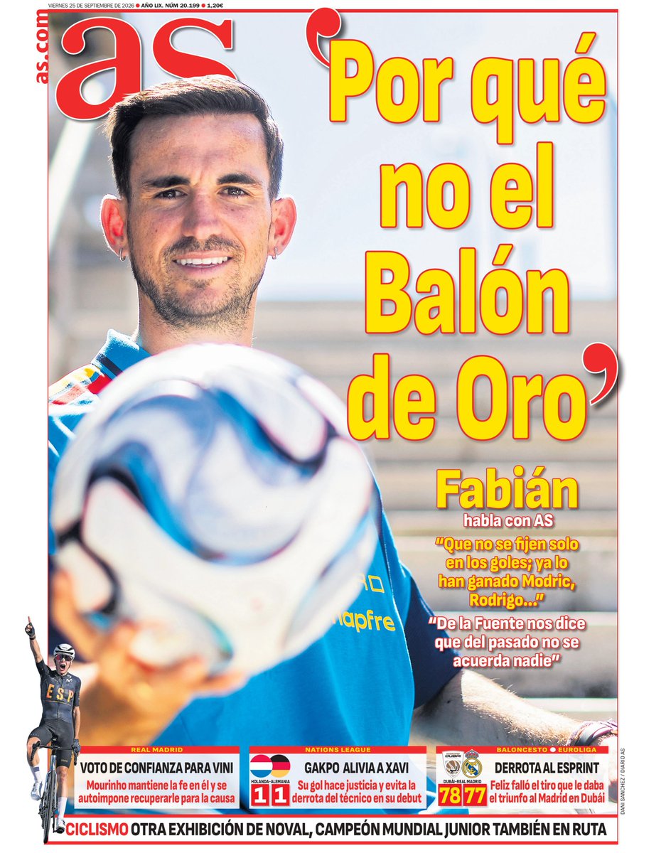 diarioas's tweet photo. 📰 ¡Ya está aquí la #PortadAS del viernes, 25 de septiembre! 

👑 Fabián Ruiz, en AS: "POR QUÉ NO EL BALÓN DE ORO" https://t.co/dHJgdSqWEv