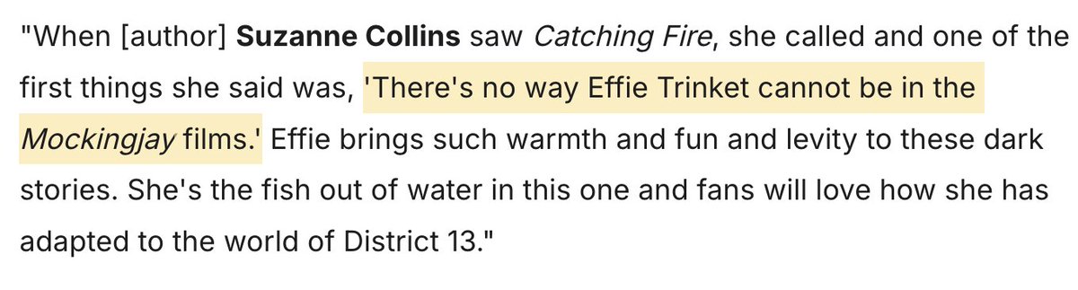 romanculkin's tweet photo. "there's no way effie trinket cannot be in the mockingjay  films."

–– suzanne collins, author of the hunger games series https://t.co/WVCpwiP1SZ