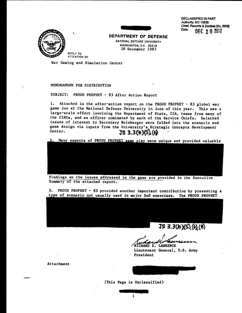 Archer83Able's tweet photo. In 1983, the United States ran the "Proud Prophet-83" politico-military global war game to simulate a NATO-Warsaw Pact crisis and ensuing armed conflict.

Among the participants were officials from the Joint Staff, combatant commands, CIA, State Department, and (covertly) Secretary of Defense Caspar Weinberger and Joint Chiefs Chairman Gen. John Vessey.

Following a few days of simulated hostilies, both sides were exchanging hundreds of nuclear attacks across Europe and other theaters. Those strikes destroyed every major German and Polish city as well as Paris, London, Amsterdam, Rotterdam, Brussels, and additional targets farther afield. 

The final message conveyed through a hotline estabilished for the purposes of simulation and directed to Moscow read: 

"May you burn in hell like you are going to burn here." 

It was sent by SecDef Caspar Weinberger.